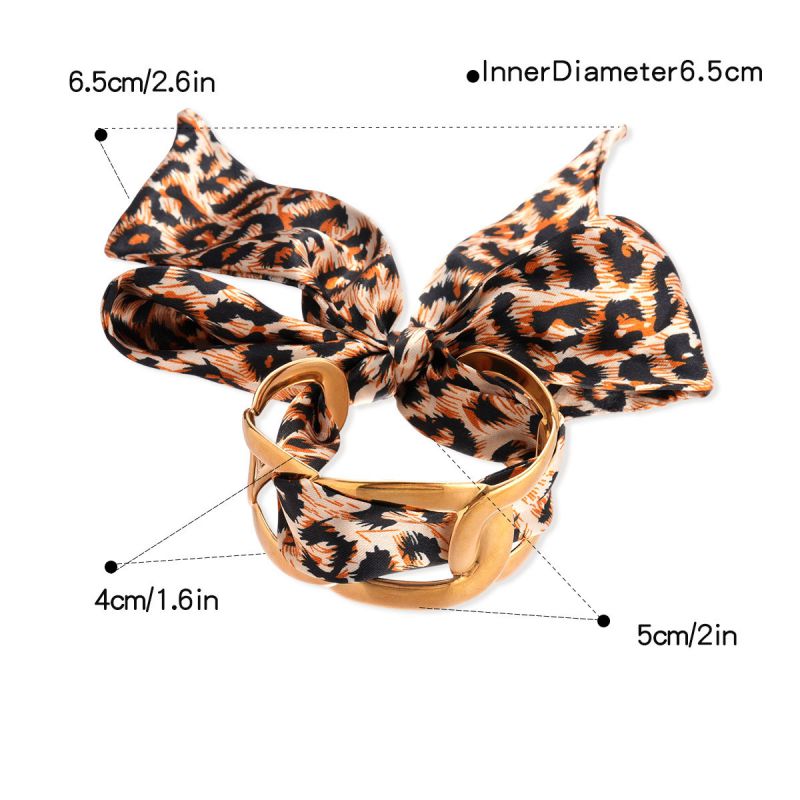 Bracelet-gold-brown Stainless Steel Chain And Fabric Leopard Print Wrap Open Bracelet