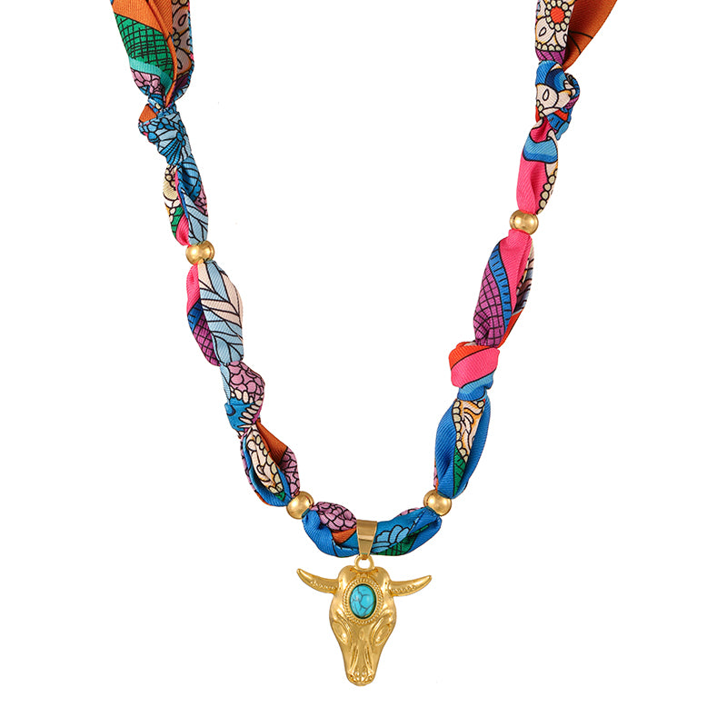 Gold-red Oval Turquoise Copper Bull Head Printed Fabric Necklace
