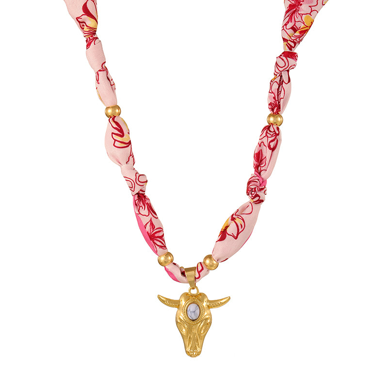 Gold-red Oval Turquoise Copper Bull Head Printed Fabric Necklace