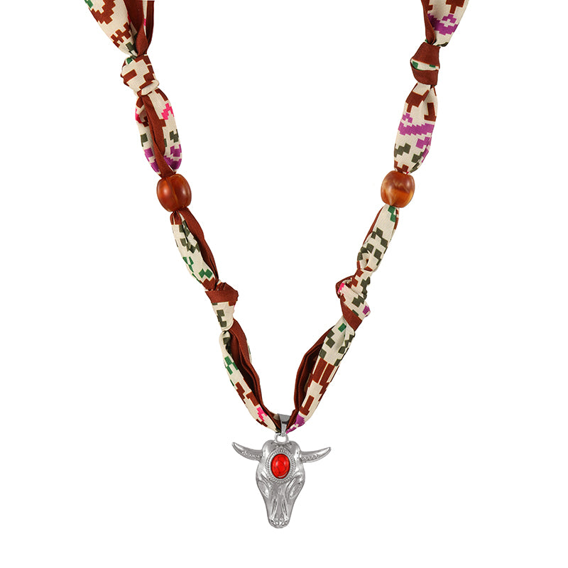 Gold-red Oval Turquoise Copper Bull Head Printed Fabric Necklace