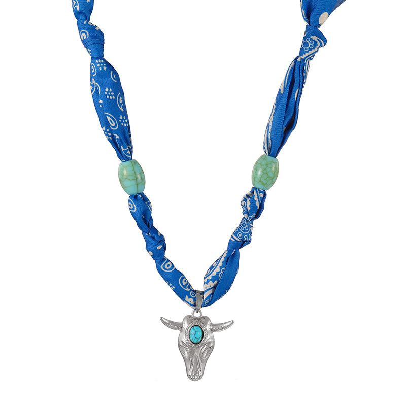 Gold-red Oval Turquoise Copper Bull Head Printed Fabric Necklace