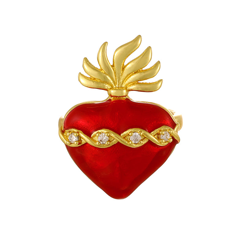 Red Copper Inlaid Zircon Oil Dripping Heart Ring