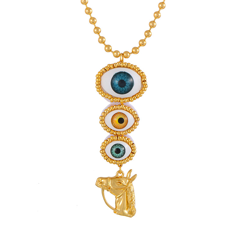 Gold 1 Multi-layered Eye Horse Head Beaded Copper Necklace
