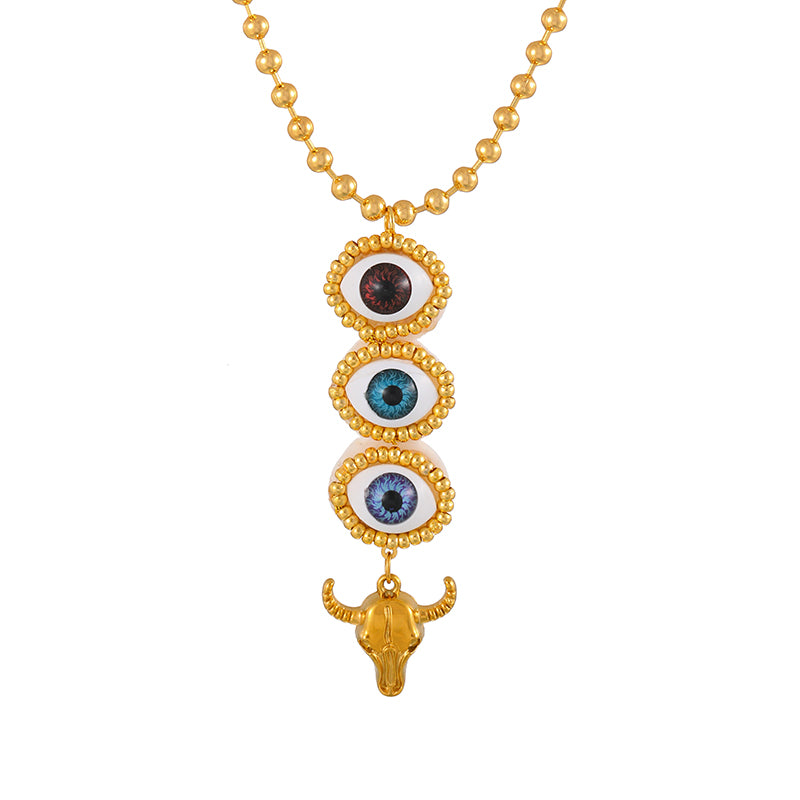 Gold 1 Multi-layered Eye Horse Head Beaded Copper Necklace