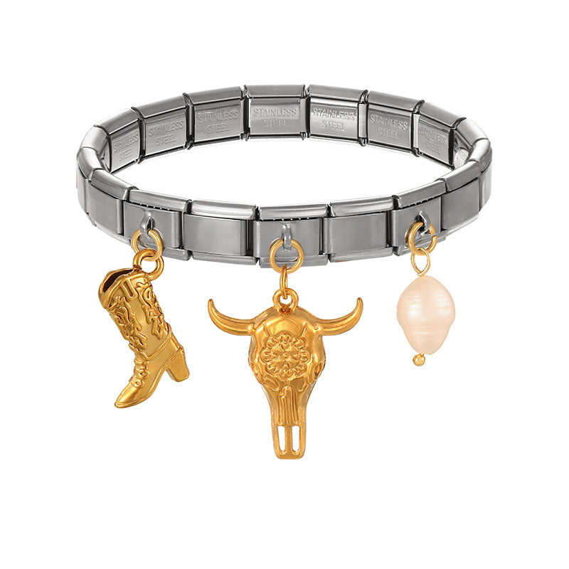 Gold And Silver 1 Titanium Steel Western Cowboy Series Square Modular Bracelet