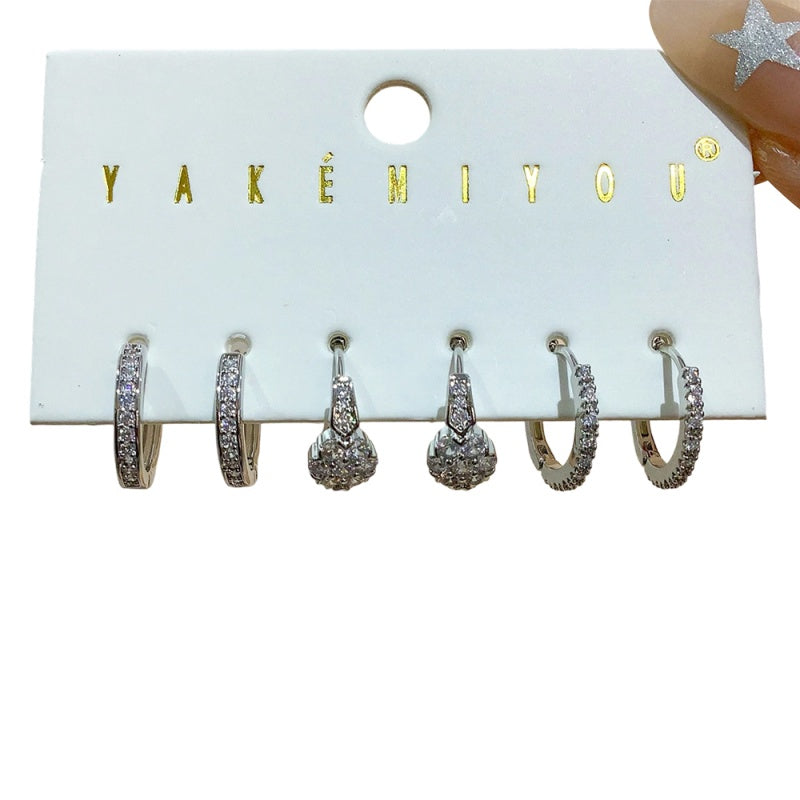 Silver 6-piece Copper And Zircon Geometric Earring Set