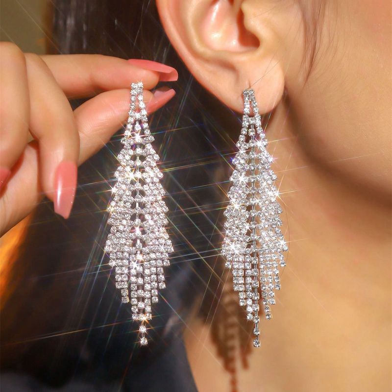 Silver Copper Diamond Tassel Earrings
