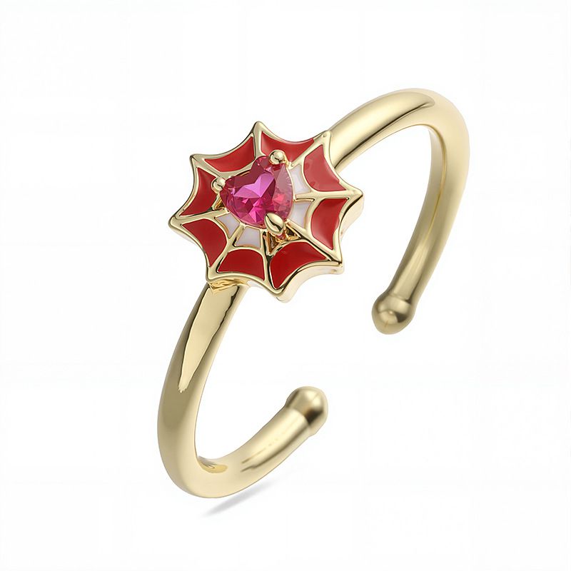 White Gold Red Dripping Oil Red Diamond Spider Web Ring Copper Diamond Heart-shaped Oil-dripping Spider Web Ring