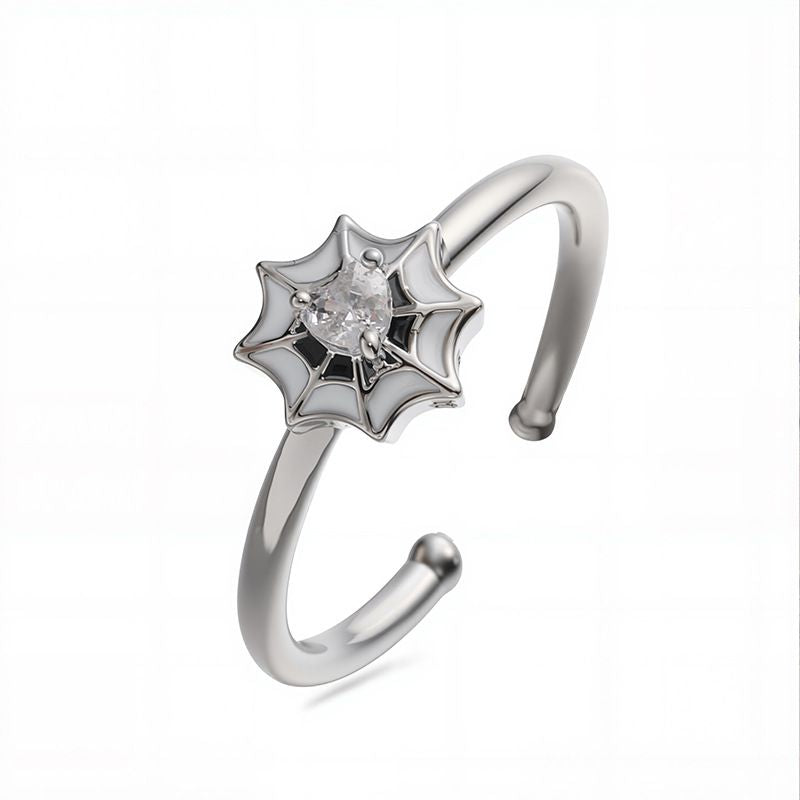 White Gold Red Dripping Oil Red Diamond Spider Web Ring Copper Diamond Heart-shaped Oil-dripping Spider Web Ring