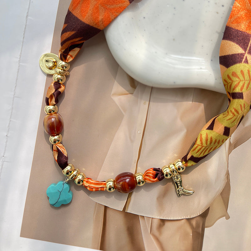 Lake Blue Clover Hat Boots Copper Beaded Printed Fabric Necklace