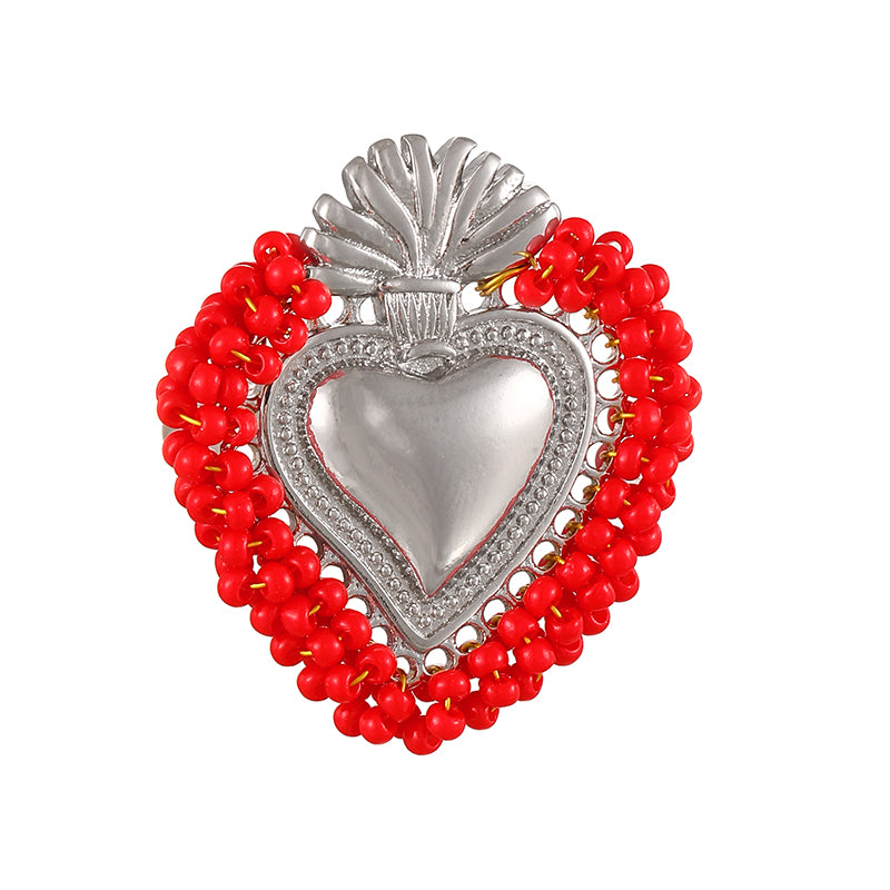 Red Rice Bead Heart Open Ring