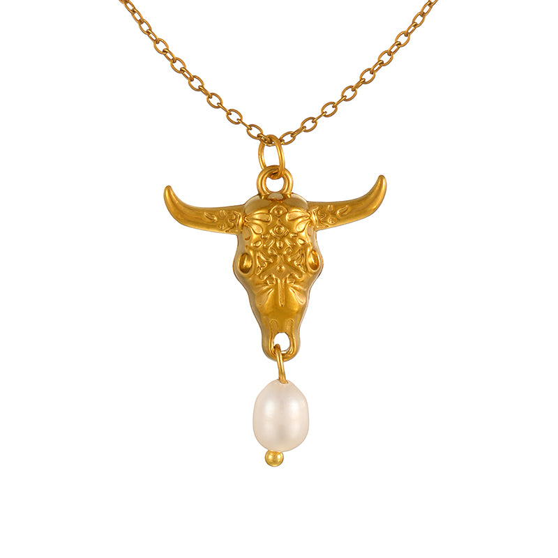 Gold Titanium Steel Bull Head Freshwater Pearl Necklace