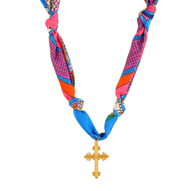 Color 3 Titanium Steel Cross Printed Fabric Necklace