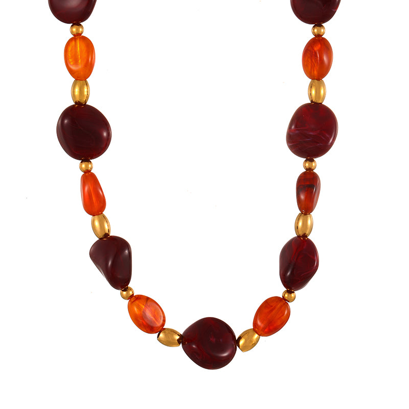 Reddish Brown Irregular Resin Titanium Steel Beaded Necklace