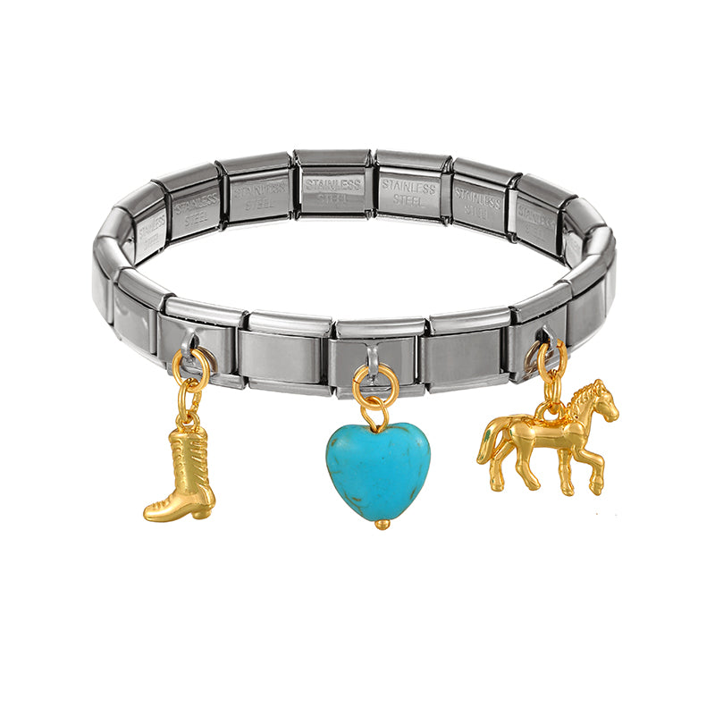 Gold And Silver 3 Titanium Steel Inlaid Zirconium Bmw Love Turquoise Square Module Bracelet