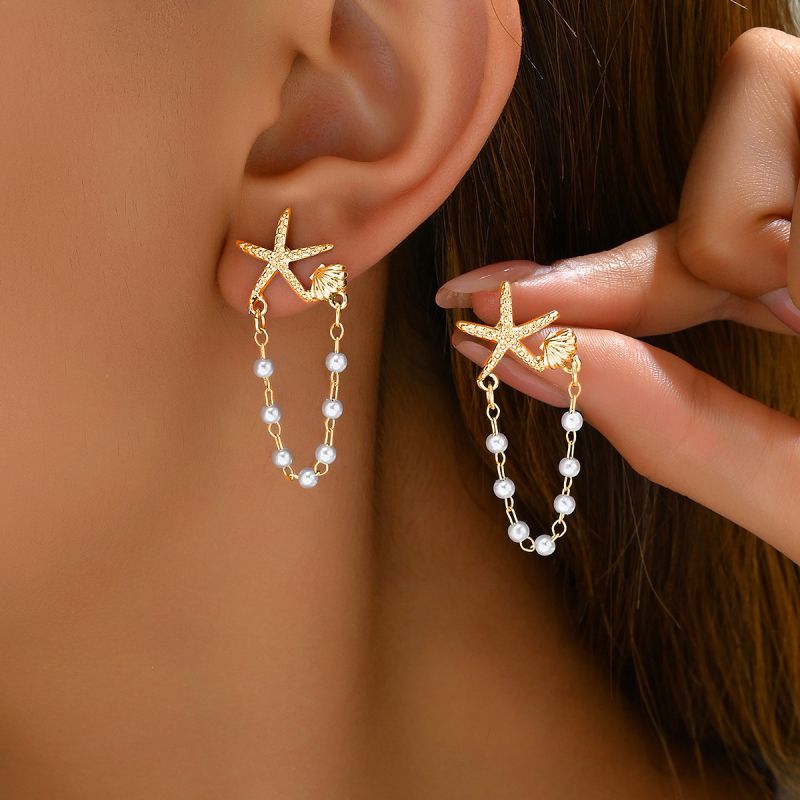 Silver Diamond-encrusted Starfish Shell Pearl Tassel Earrings