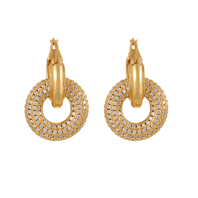 Gold Copper Round Earrings With Zircon