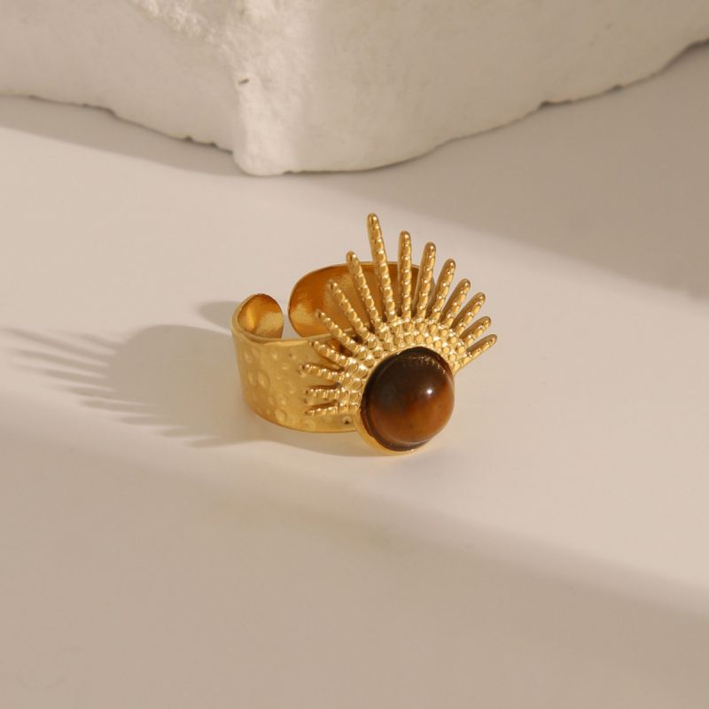 Tiger's Eye Stainless Steel Natural Stone Scalloped Round Ring