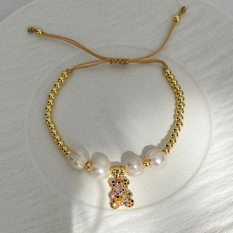 Colors Copper And Zircon-inlaid Bear Beaded Freshwater Pearl Braided Bracelet