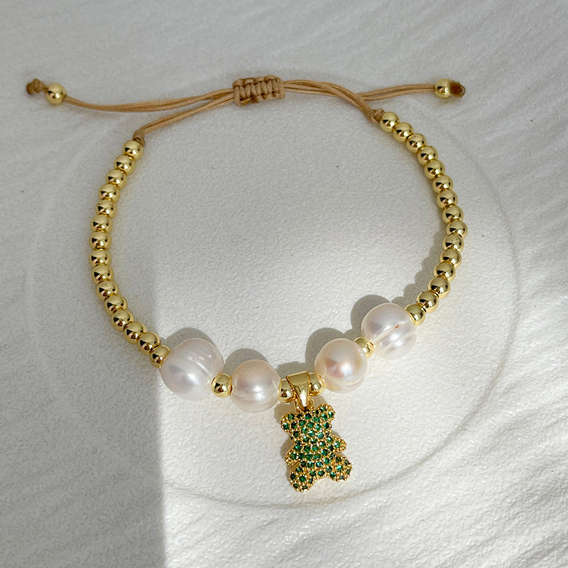 Colors Copper And Zircon-inlaid Bear Beaded Freshwater Pearl Braided Bracelet