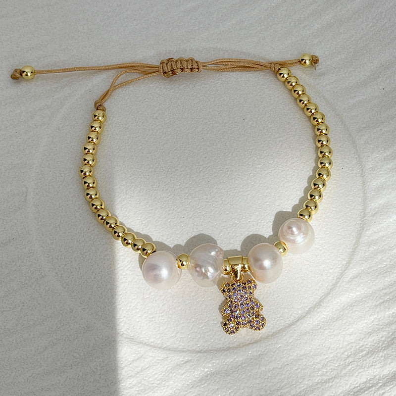 Colors Copper And Zircon-inlaid Bear Beaded Freshwater Pearl Braided Bracelet