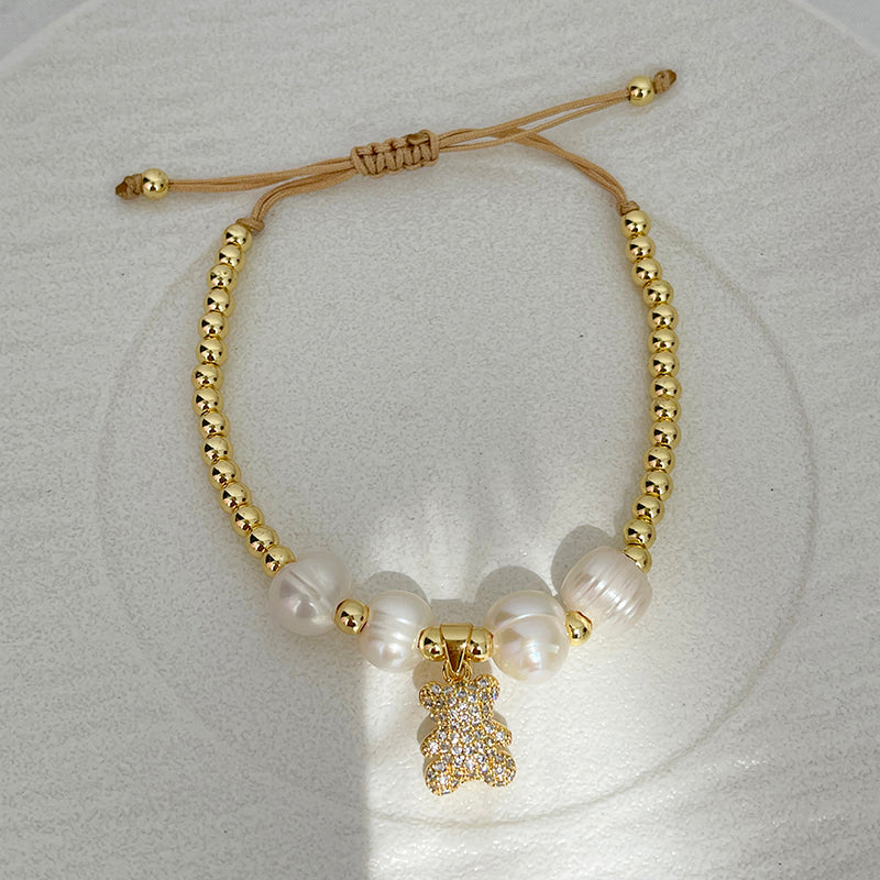 Colors Copper And Zircon-inlaid Bear Beaded Freshwater Pearl Braided Bracelet