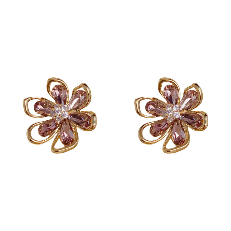 Yellow-zircon Hollow Petal Earrings (thick Real Gold Plating) Copper Diamond Hollow Petal Earrings