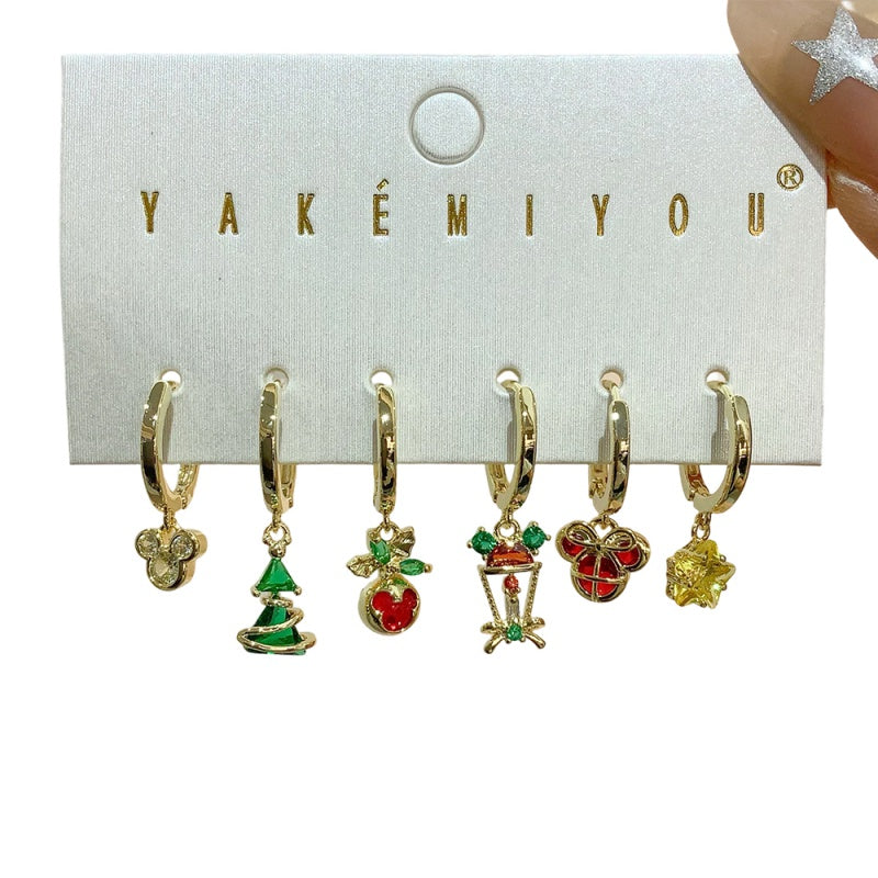 Gold Copper Inlaid Zircon Christmas Series 6-piece Earring Set