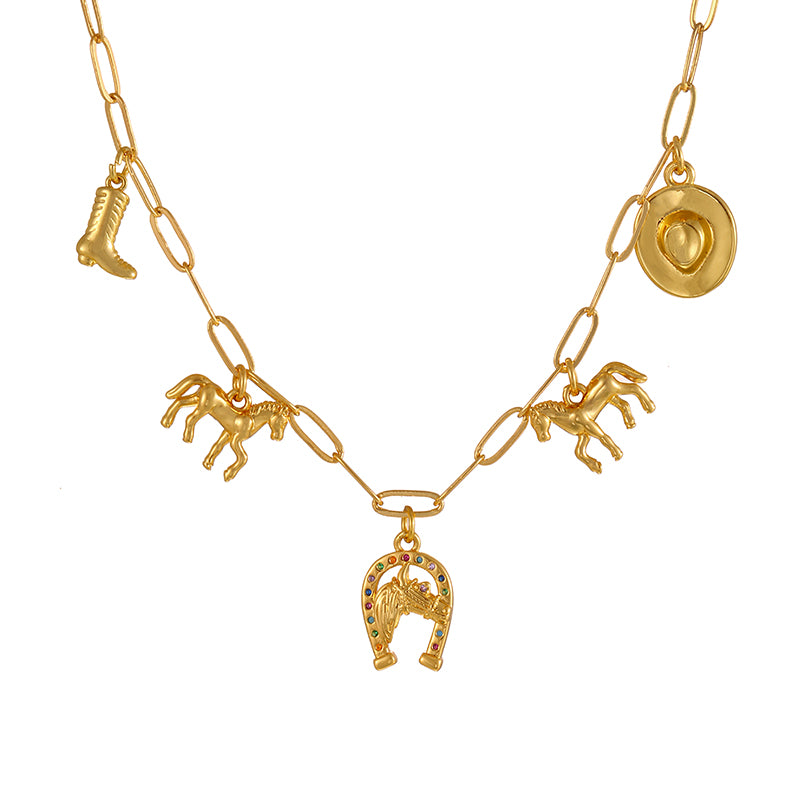 Gold 1 Copper Inlaid Zircon Western Cowboy Series Necklace