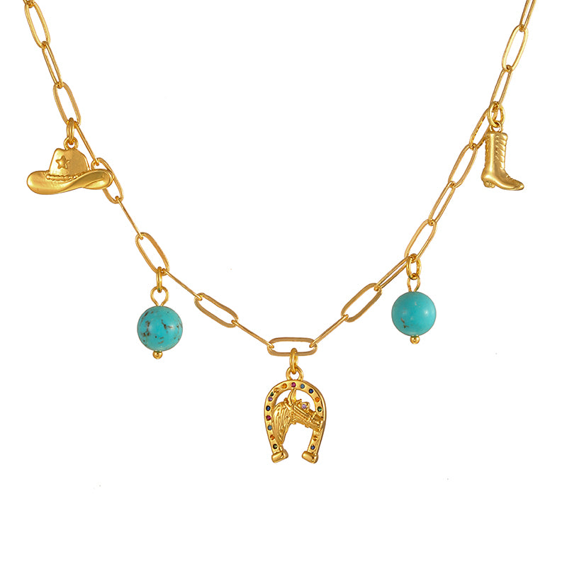 Gold 1 Copper Inlaid Zircon Western Cowboy Series Necklace
