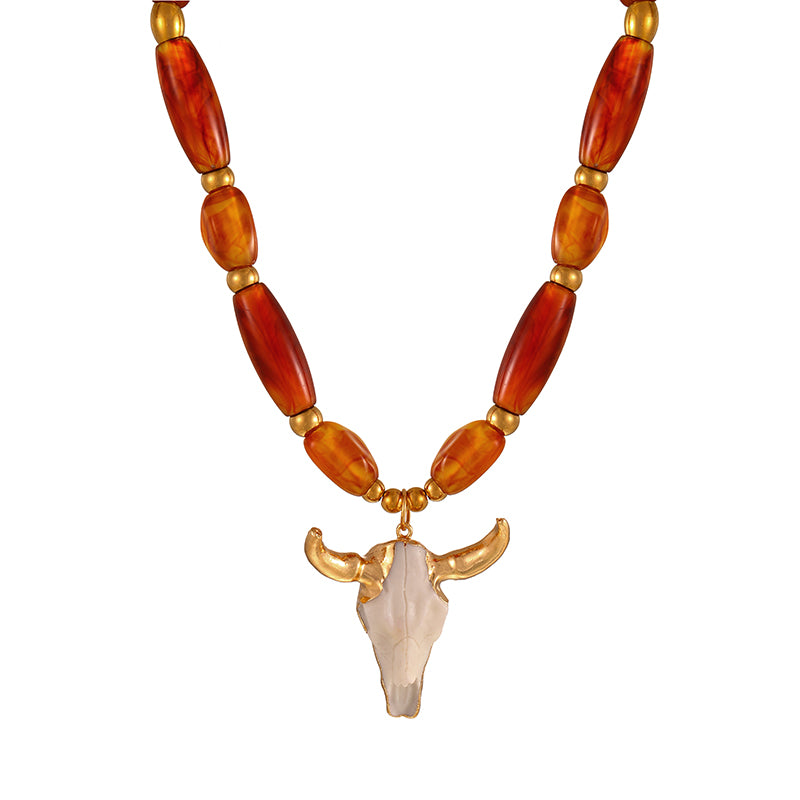 Gold Bull Head Resin Titanium Steel Beaded Necklace