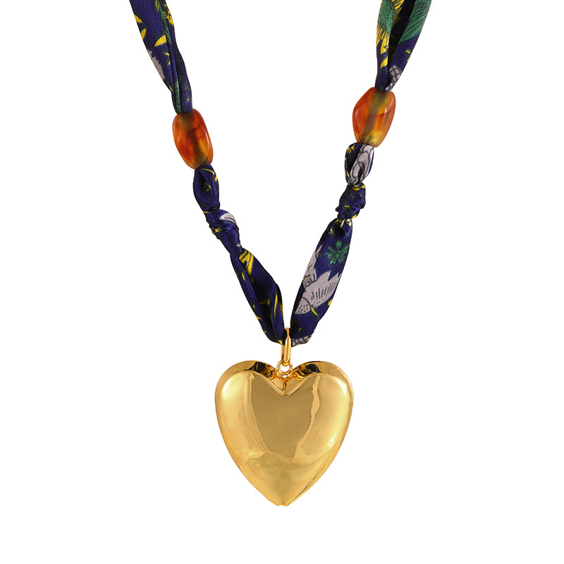 Dark Blue Heart Copper Print Fabric Necklace