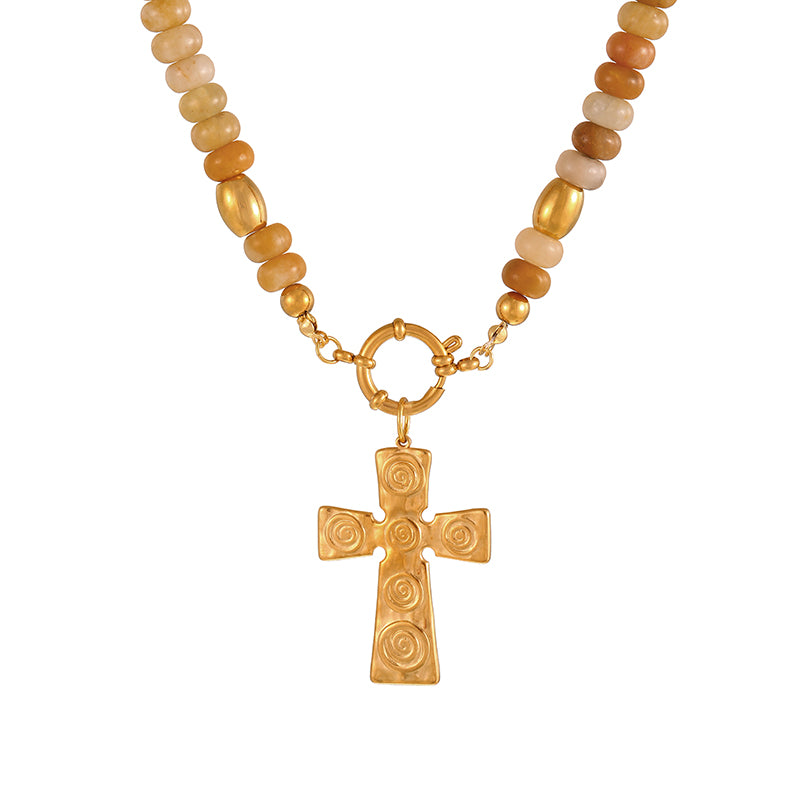 Khaki 1 Titanium Steel Cross Ring Clasp Natural Stone Beaded Necklace