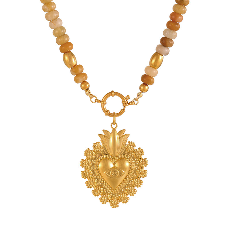 Khaki 1 Titanium Steel Cross Ring Clasp Natural Stone Beaded Necklace