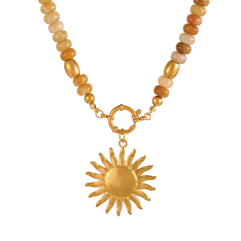 Khaki 1 Titanium Steel Cross Ring Clasp Natural Stone Beaded Necklace