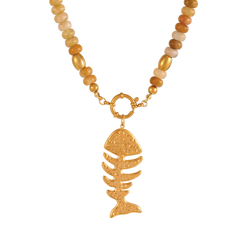 Khaki 1 Titanium Steel Cross Ring Clasp Natural Stone Beaded Necklace