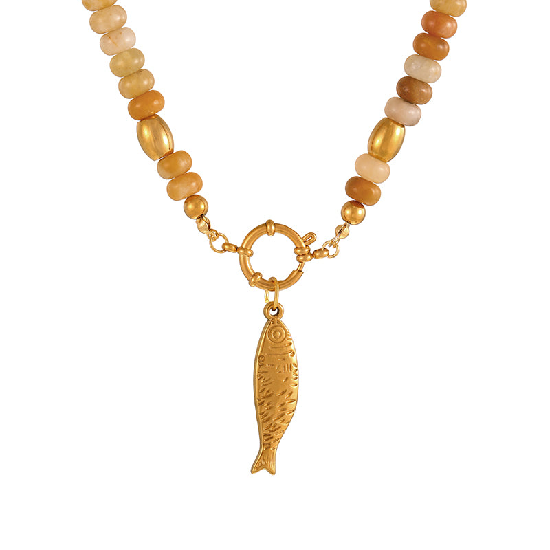 Khaki 1 Titanium Steel Cross Ring Clasp Natural Stone Beaded Necklace