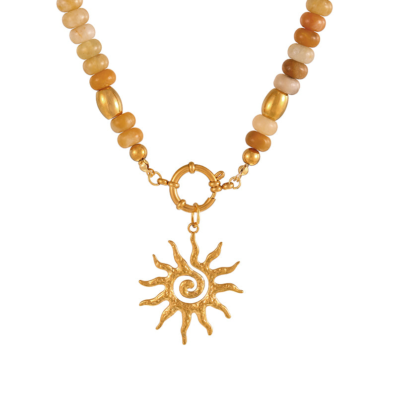 Khaki 1 Titanium Steel Cross Ring Clasp Natural Stone Beaded Necklace