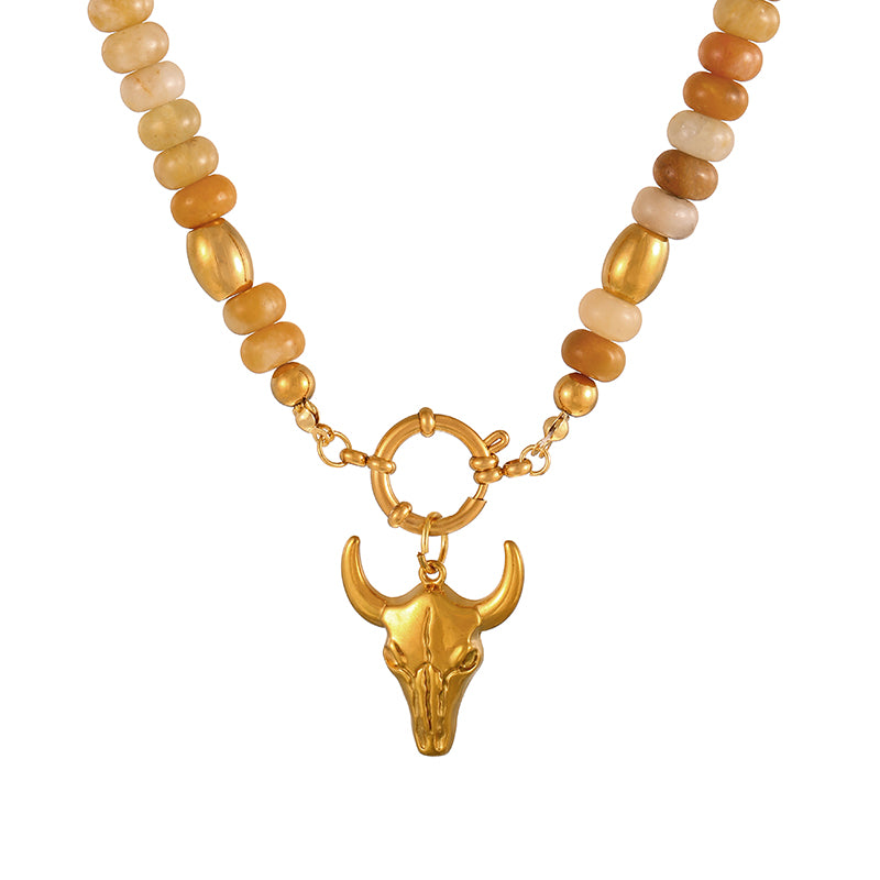 Khaki 1 Titanium Steel Cross Ring Clasp Natural Stone Beaded Necklace