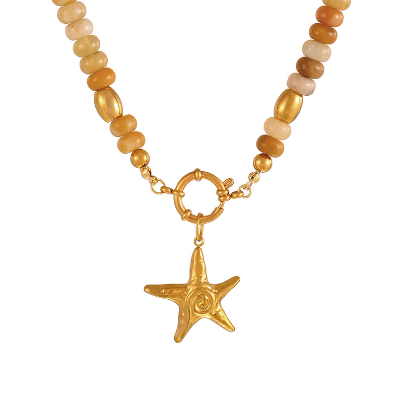 Khaki 1 Titanium Steel Cross Ring Clasp Natural Stone Beaded Necklace