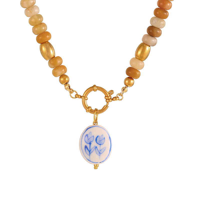 Khaki 1 Titanium Steel Cross Ring Clasp Natural Stone Beaded Necklace