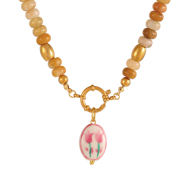 Khaki 1 Titanium Steel Cross Ring Clasp Natural Stone Beaded Necklace