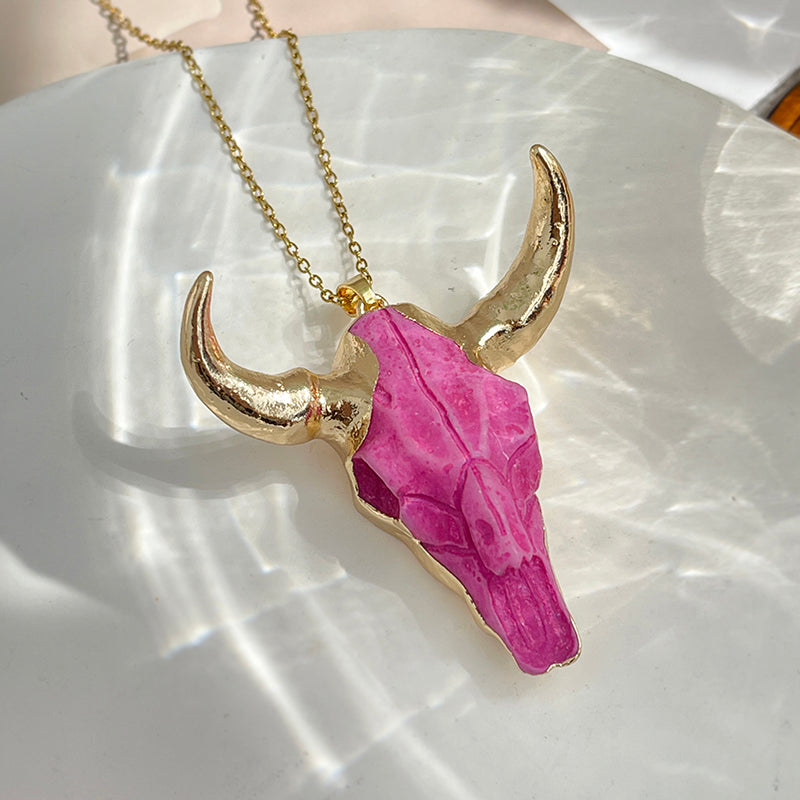 Rose Red Resin Bull Head Titanium Steel Necklace