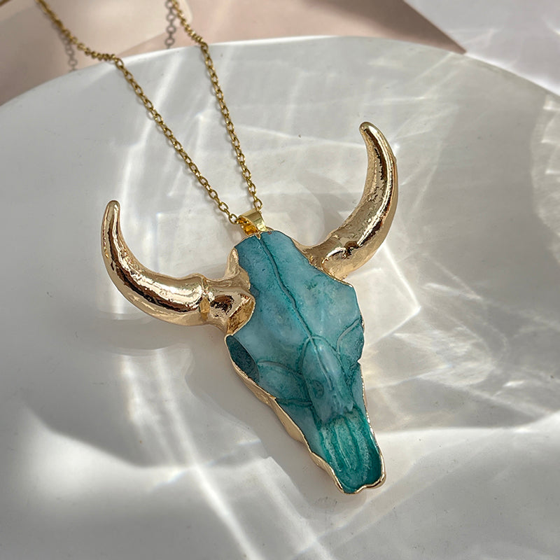 Rose Red Resin Bull Head Titanium Steel Necklace