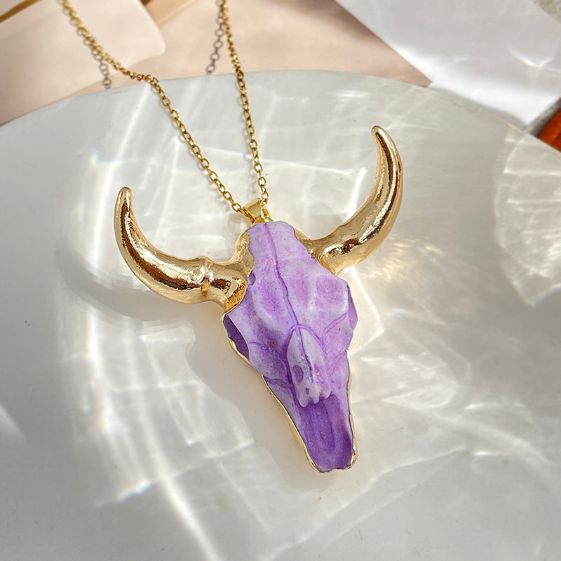 Rose Red Resin Bull Head Titanium Steel Necklace