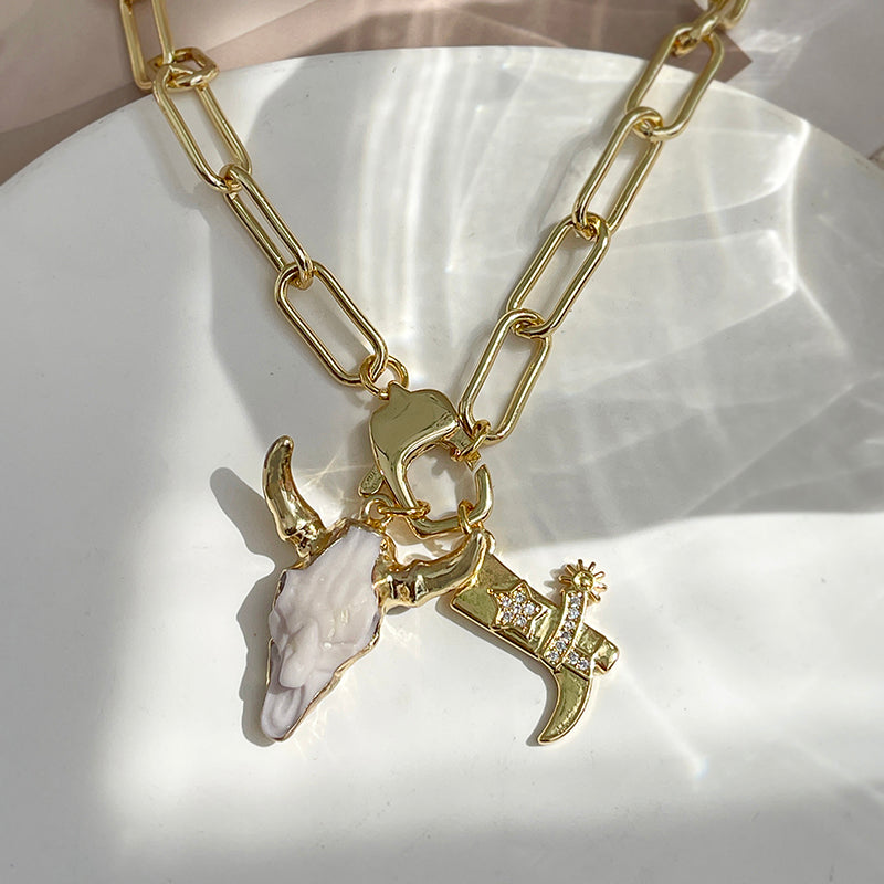 Gold Copper Inlaid Zircon Boots Bull Head Lobster Clasp Thick Chain Necklace