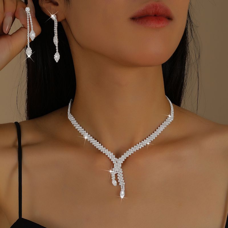 Silver And Red Two-piece Set Alloy Diamond Claw Chain Necklace And Earring Set