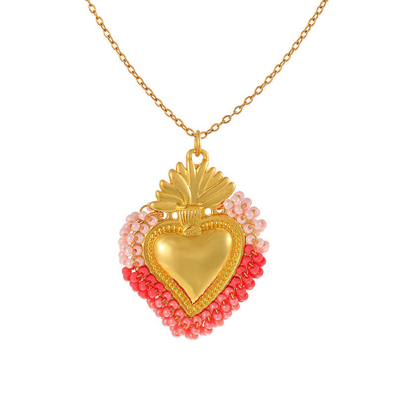 Color 10 Rice Bead Heart Titanium Steel Necklace