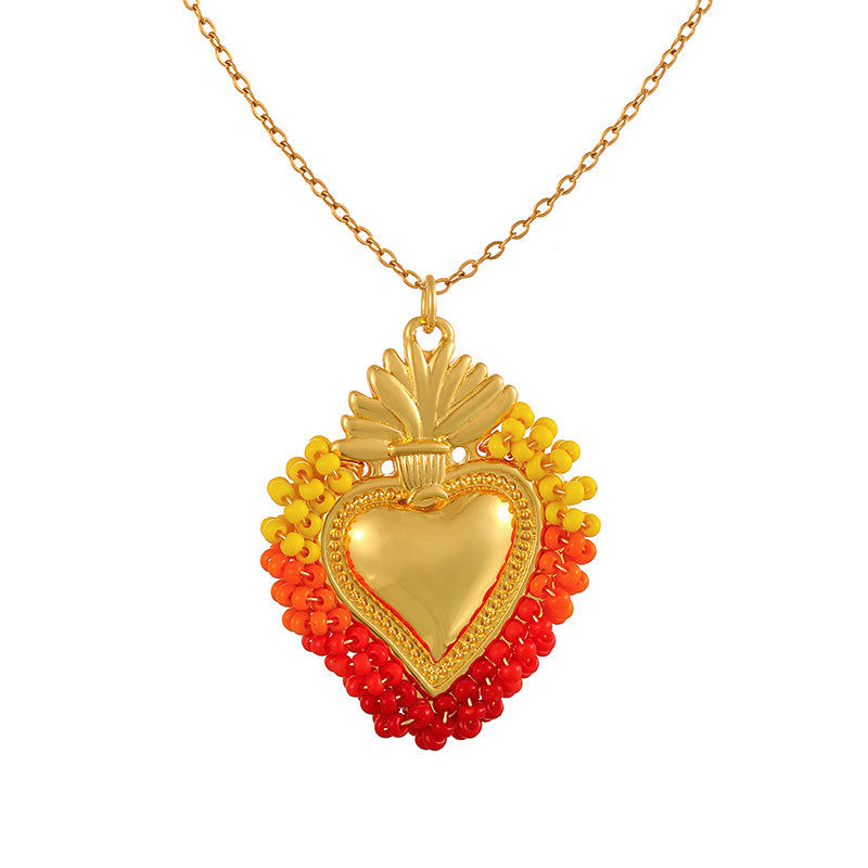 Color 10 Rice Bead Heart Titanium Steel Necklace