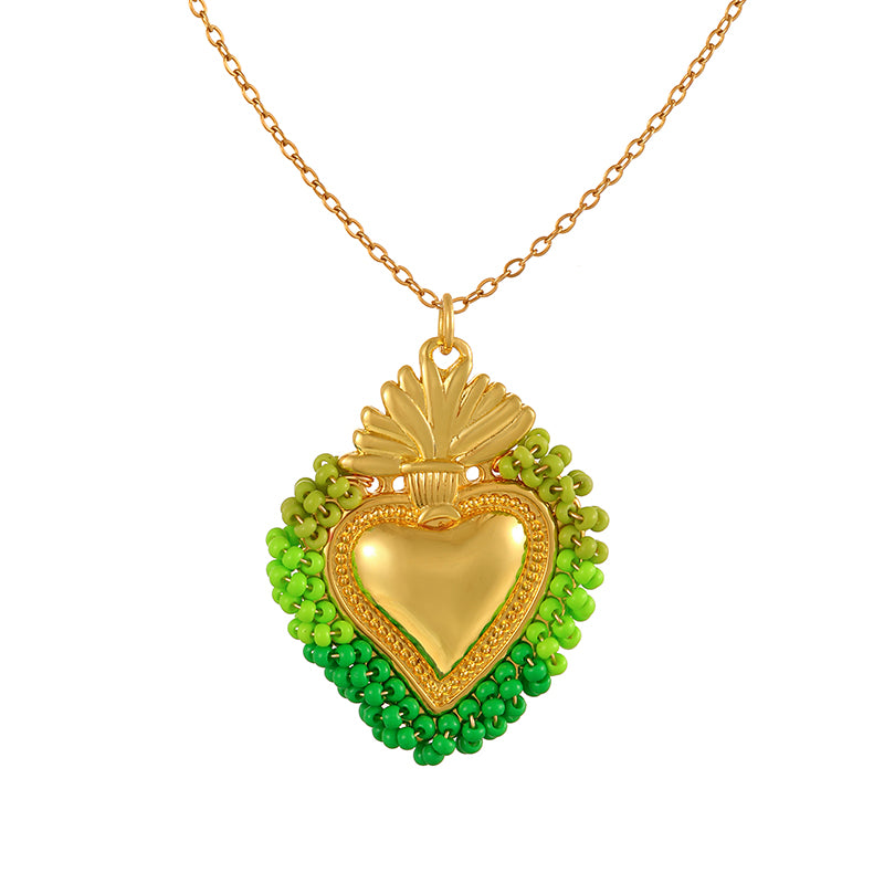 Color 10 Rice Bead Heart Titanium Steel Necklace